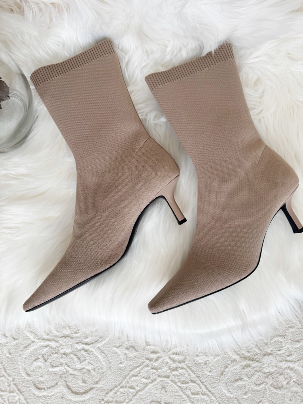 H&M Taupe Stretch-Knit Pointed Sock Boots